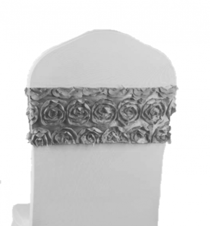 Chair Sash - Silver Rosette Spandex Chair Sashes Rental